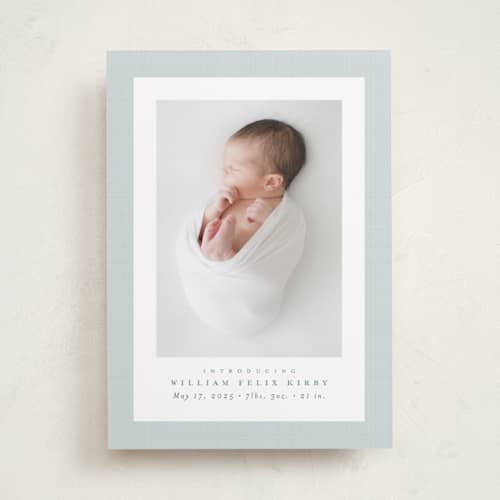 This is a powder birth announcements with standard by Lea Delaveris called linen frame printing on recycled smooth signature in standard
