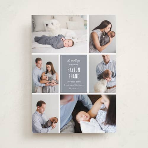 This is a graphite birth announcements with standard by Sara Hicks Malone called distinguished printing on recycled smooth signature in standard