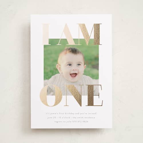 This is a goldenrod kids birthday invitations with foil pressed by Phrosné Barwood called i am one printing on recycled smooth signature in standard