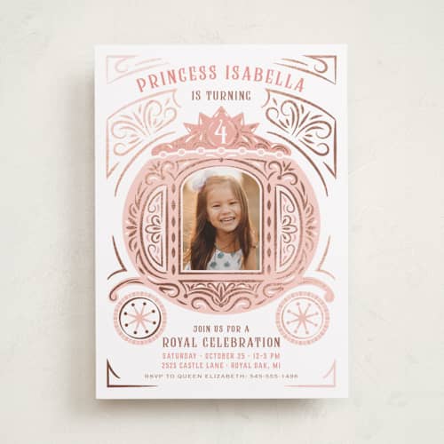 This is a ballerian pink kids birthday invitations with foil pressed by Paper Sun Studio called princess carriage printing on recycled smooth signature in standard