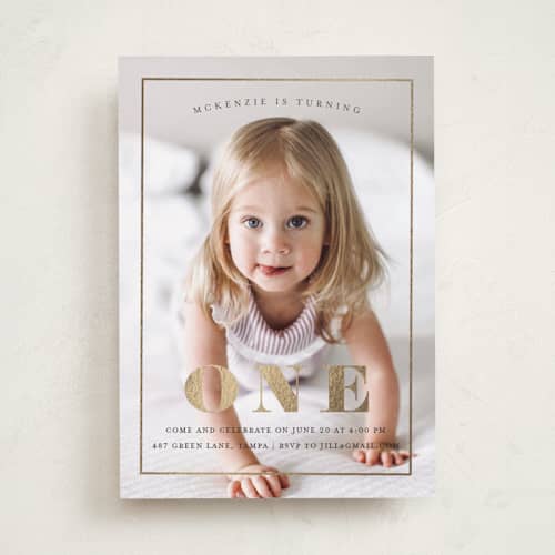 This is a ebony kids birthday invitations with foil pressed by Kasia Labocki called turning one printing on recycled smooth signature in standard