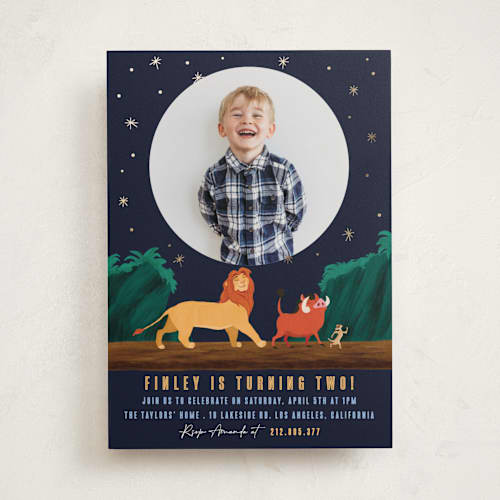 This is a midnight kids birthday invitations with foil pressed by Elly called disney's lion king hakuna matata printing on recycled smooth signature in standard