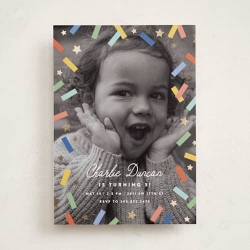 This is a sherbert kids birthday invitations with foil pressed by Maria Alou called little confetti printing on recycled smooth signature in standard