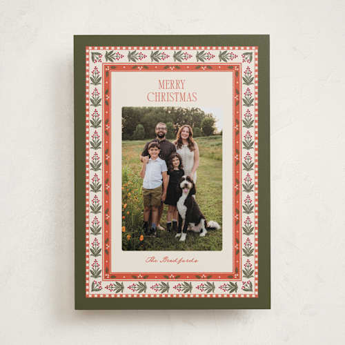 This is a mistletoe photo christmas cards with standard by Robert and Stella called holly border printing on recycled smooth signature in standard