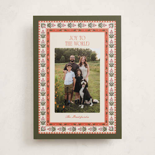 This is a mistletoe photo christmas cards with standard by Robert and Stella called holly border printing on recycled smooth signature in standard