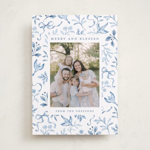 This is a cornflower photo christmas cards with standard by Sarah Knight called toile de joy printing on recycled smooth signature in standard