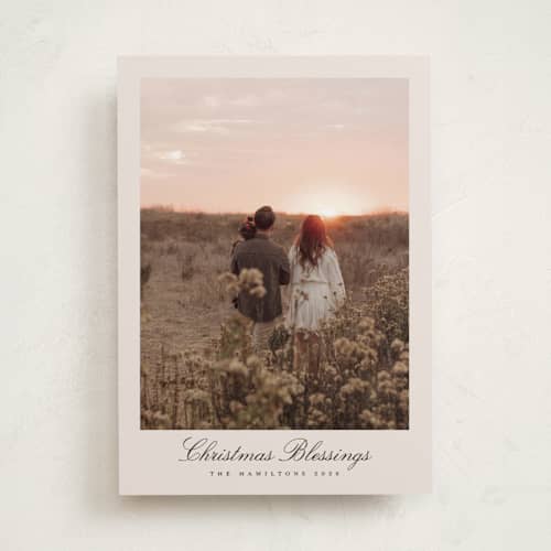 This is a tan photo christmas cards with standard by Nicole Walsh called pano script printing on recycled smooth signature in standard