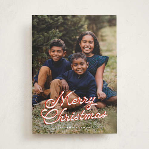 This is a poinsettia photo christmas cards with standard by Ekko Studio called retro script printing on recycled smooth signature in standard