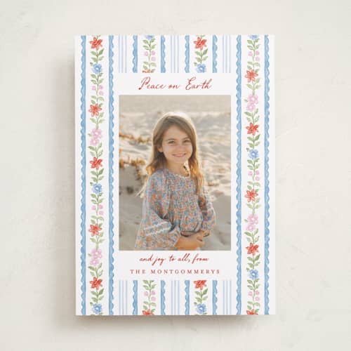 This is a hydrangea photo christmas cards with standard by Sarah Knight called poinsettia stripe printing on recycled smooth signature in standard