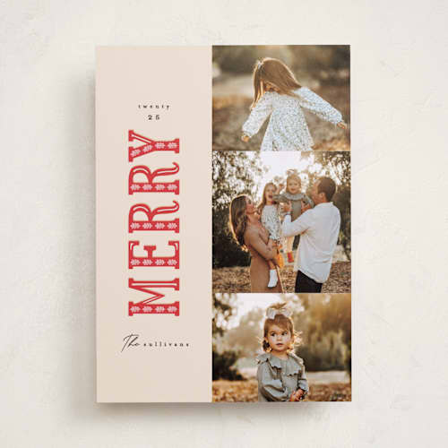 This is a poinsettia photo christmas cards with standard by Julie Murray called merry trio printing on recycled smooth signature in standard