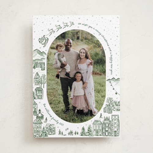 This is a wreath photo christmas cards with standard by Jenna Holcomb called azulejo village printing on recycled smooth signature in standard