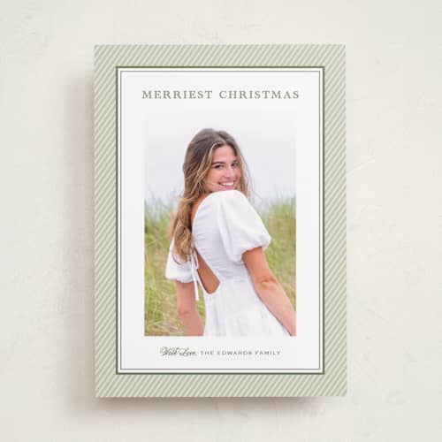 This is a pistachio photo christmas cards with standard by Carolyn MacLaren called sorbet stripes printing on recycled smooth signature in standard