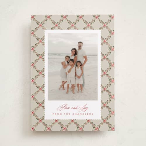 This is a poinsettia photo christmas cards with standard by Jen Owens called bow trellis printing on recycled smooth signature in standard