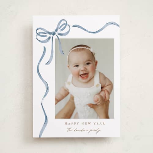 This is a blueberry photo christmas cards with standard by Jackie Crawford called watercolor bow printing on recycled smooth signature in standard