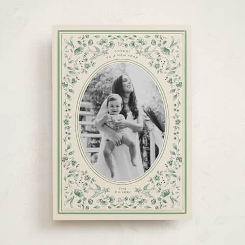 This is a evergreen photo christmas cards with standard by Sabrin Deirani called peaceful blooms in blue printing on recycled smooth signature in standard