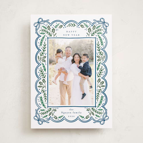 This is a navy photo christmas cards with standard by Alethea and Ruth called bow corners printing on recycled smooth signature in standard