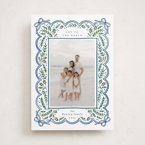 This is a navy photo christmas cards with standard by Alethea and Ruth called bow corners printing on recycled smooth signature in standard