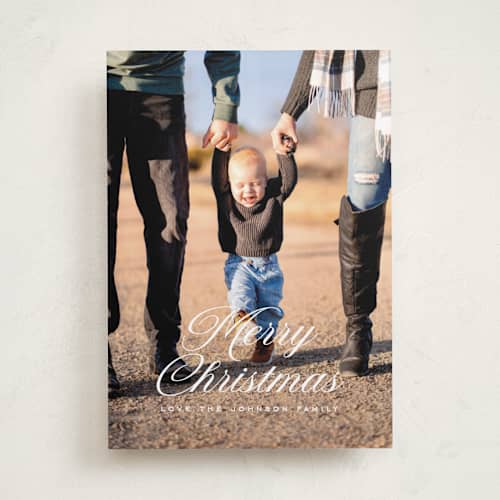 This is a snow photo christmas cards with standard by Rebecca Durflinger called christmas in script printing on recycled smooth signature in standard