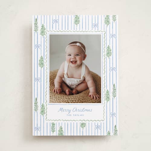 This is a blue jay photo christmas cards with standard by Creo Study called trees and bows printing on recycled smooth signature in standard