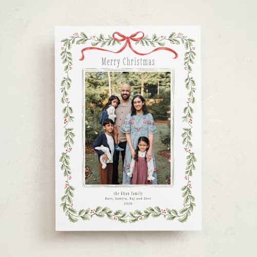 This is a candy cane photo christmas cards with standard by Paula Pecevich called holly garland and bow printing on recycled smooth signature in standard