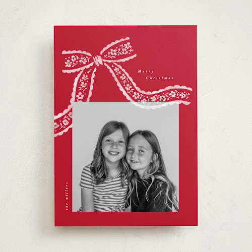 This is a poinsettia photo christmas cards with standard by Vivian Yiwing called watercolor bow printing on recycled smooth signature in standard