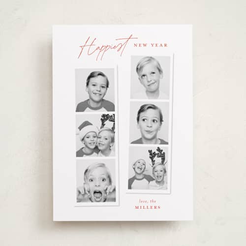 This is a ruby photo christmas cards with standard by Sarah Curry called joyful photo strips printing on recycled smooth signature in standard