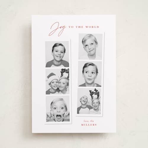 This is a ruby photo christmas cards with standard by Sarah Curry called joyful photo strips printing on recycled smooth signature in standard