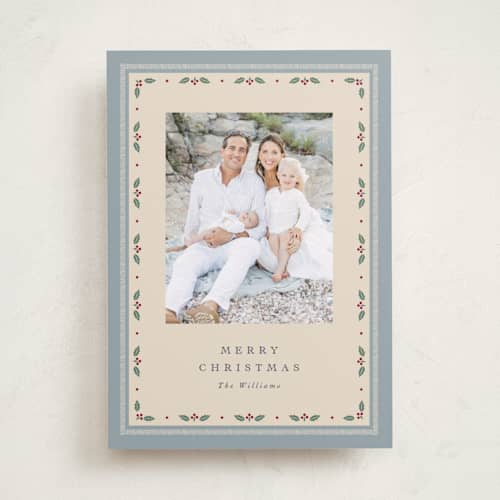 This is a wintermint photo christmas cards with standard by Robert and Stella called dainty holly printing on recycled smooth signature in standard
