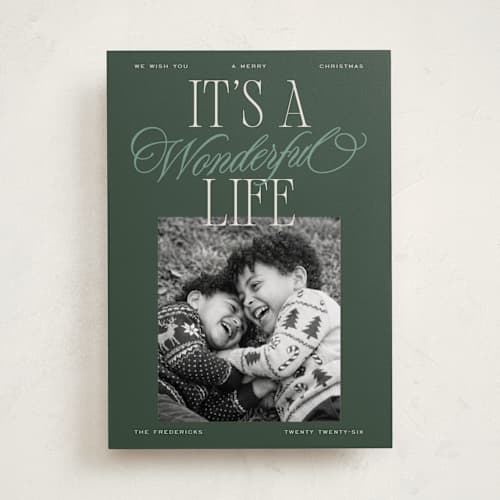 This is a forest photo christmas cards with standard by Jackie Crawford called wonderful life stack printing on recycled smooth signature in standard