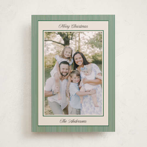 This is a pine photo christmas cards with standard by Annie Shapiro called little stripes printing on recycled smooth signature in standard