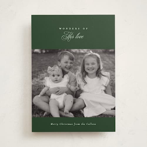This is a forest photo christmas cards with standard by Sara Hicks Malone called heritage printing on recycled smooth signature in standard