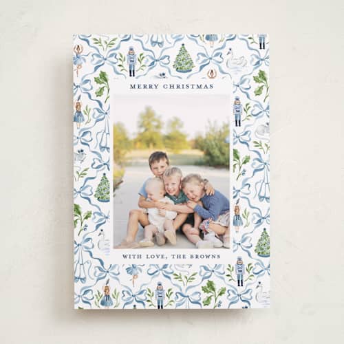 This is a blue ribbon photo christmas cards with standard by Sarah Knight called nutcracker ribbons printing on recycled smooth signature in standard