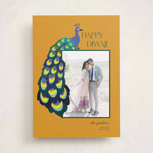 This is a turmeric diwali cards with standard by Morgan Kendall called peacock printing on recycled smooth signature in standard