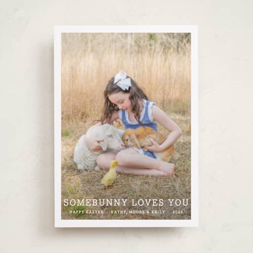 This is a pure white easter photo cards with standard by Megan Davis called somebunny loves you printing on recycled smooth signature in standard
