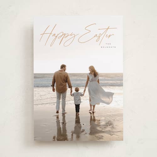 This is a yellow ochre easter photo cards with standard by Hooray Creative called casual script printing on recycled smooth signature in standard