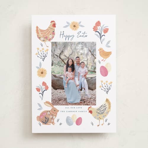 This is a speckled eggs easter photo cards with standard by Sarah Knight called blossom farm printing on recycled smooth signature in standard
