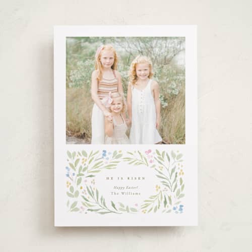 This is a linen easter photo cards with standard by Robert and Stella called risen printing on recycled smooth signature in standard