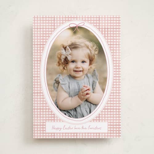 This is a peony easter photo cards with standard by Jenna Holcomb called gingham frame printing on recycled smooth signature in standard