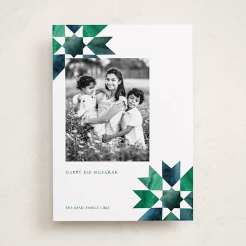 This is a aquamarine eid cards with standard by Sumak Studio called geometrical stars printing on recycled smooth signature in standard