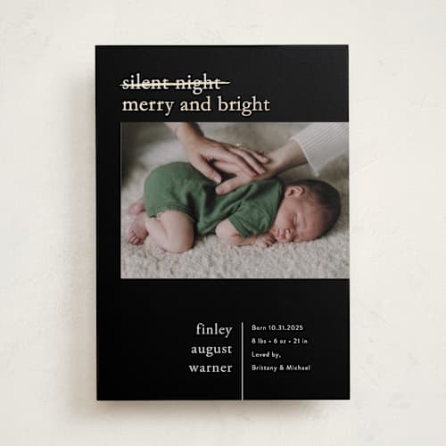 This is a midnight babys first christmas with foil pressed by Pink House Press called merry nights printing on recycled smooth signature in standard