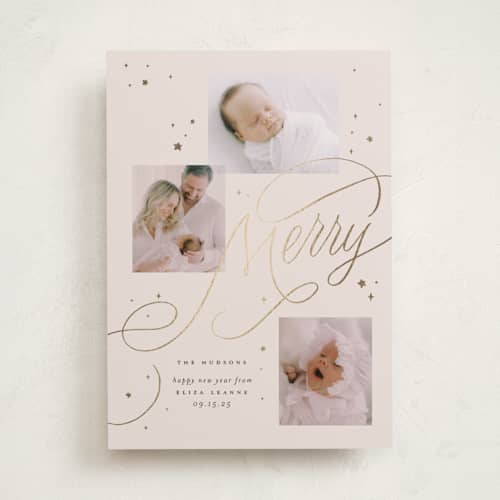 This is a creme babys first christmas with foil pressed by Erin L. Wilson called newborn starlight printing on recycled smooth signature in standard