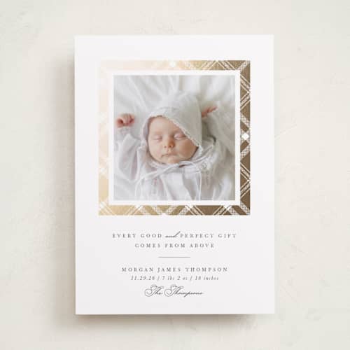 This is a snowball babys first christmas with foil pressed by Robert and Stella called every good gift printing on recycled smooth signature in standard