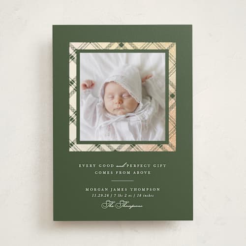 This is a olive babys first christmas with foil pressed by Robert and Stella called every good gift printing on recycled smooth signature in standard