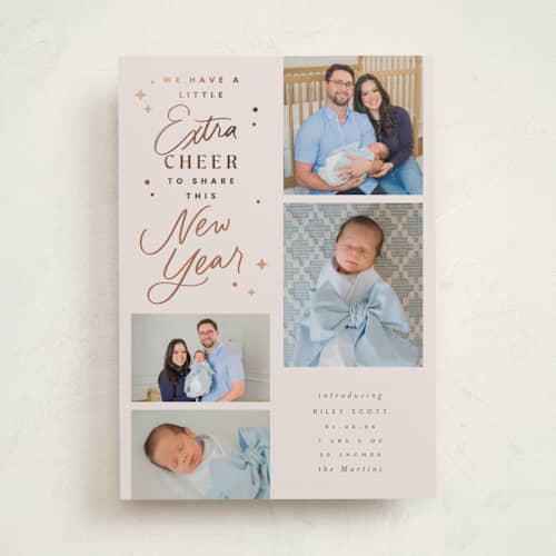 This is a biscuit babys first christmas with foil pressed by Everett Paper Goods called extra cheerful printing on recycled smooth signature in standard