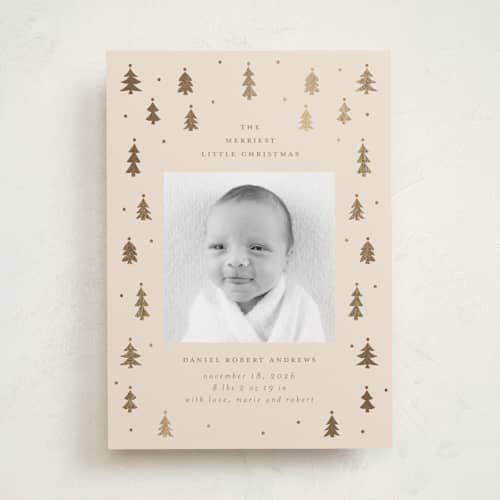 This is a candlelight babys first christmas with foil pressed by Jennifer Holbrook called merry little trees printing on recycled smooth signature in standard