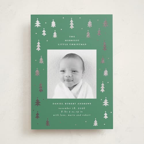 This is a forest babys first christmas with foil pressed by Jennifer Holbrook called merry little trees printing on recycled smooth signature in standard