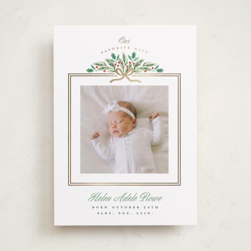 This is a sage babys first christmas with foil pressed by Alethea and Ruth called favorite gift printing on recycled smooth signature in standard