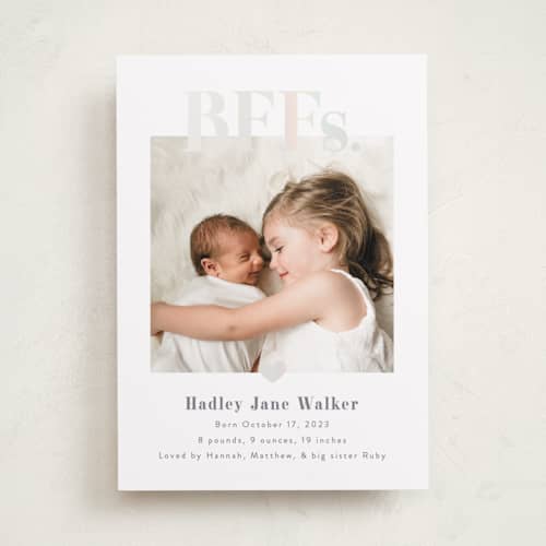 This is a mauve birth announcements with gloss press by Pink House Press called bffs printing on recycled smooth signature in standard