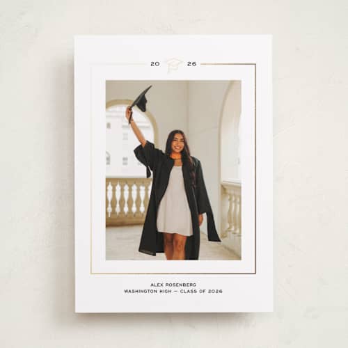 This is a noir graduation announcements with foil pressed by Annie Shapiro called cap frame printing on recycled smooth signature in standard