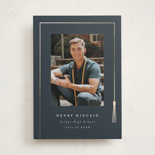 This is a dusty navy graduation announcements with foil pressed by AK Graphics called tasseled printing on recycled smooth signature in standard